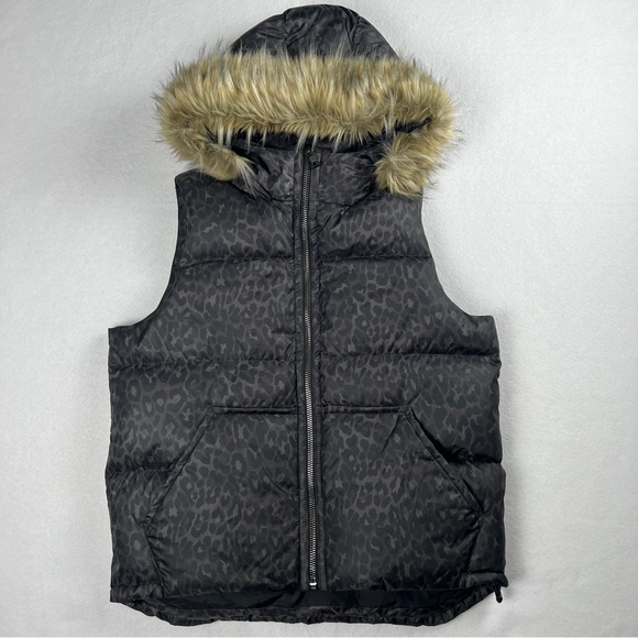 Coach Women's Cheetah Print Puffer Vest Faux Fur Hoodie Brown Black Medium - Picture 3 of 10